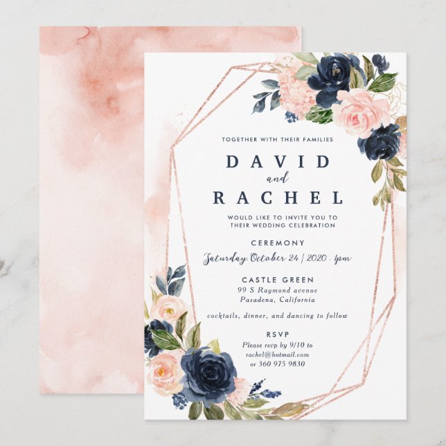 Faire-part de mariage floral rose Navy (Devant / Derrière)