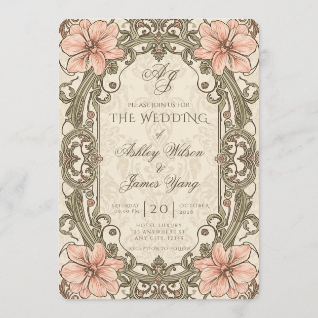 Faire-part de mariage floral rose or (Devant)