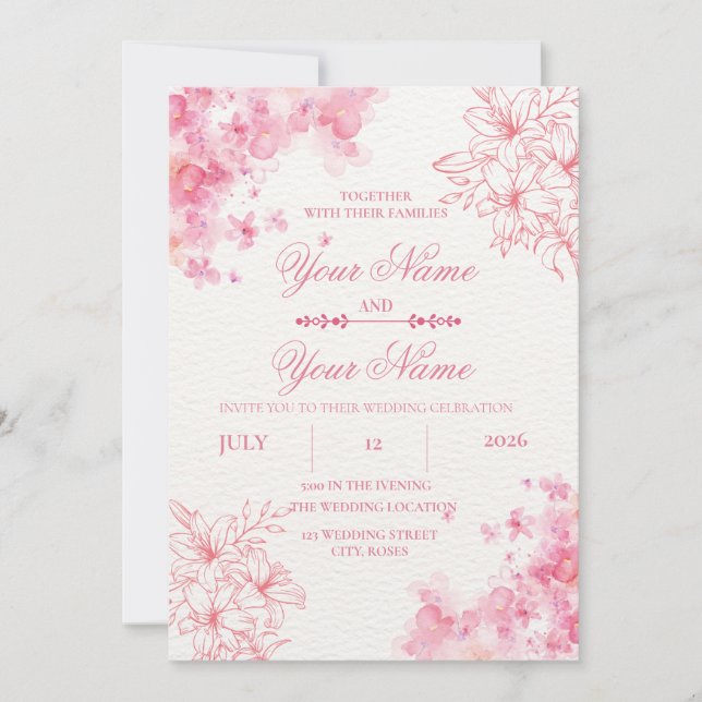 Faire-part de mariage floral rose pâle élégant (Devant)