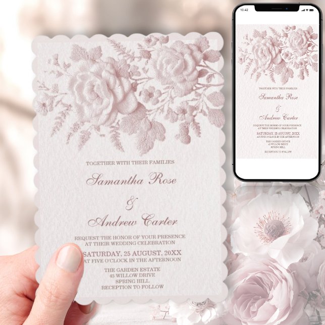 Faire-part de mariage floral rose pâle faux emboss (Créateur téléchargé)