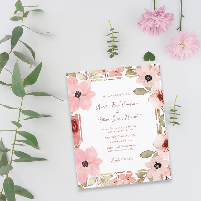 Faire-part de mariage floral rose pâle romantique (Romantic Blush Soft Pink Floral Wedding Invitation)