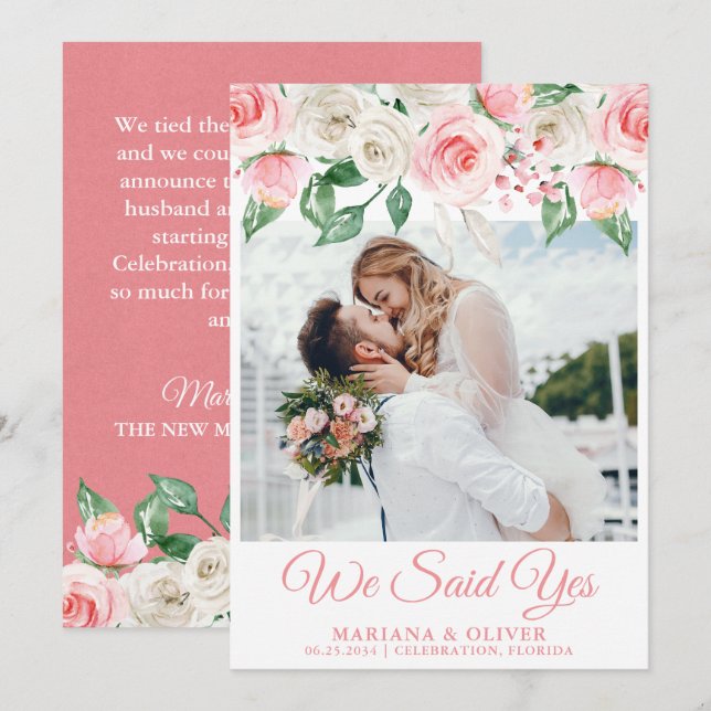 Faire-part de mariage floral rose pêche blanc (Devant / Derrière)