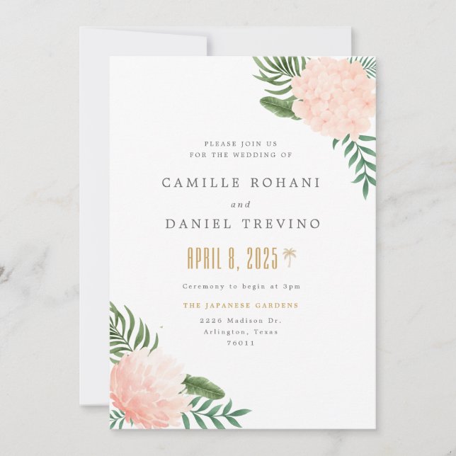 Faire-part de mariage floral rose poudré avec une  (Devant)