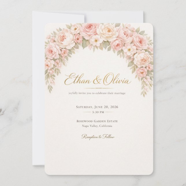 Faire-part de mariage floral rose poudré de luxe (Devant)