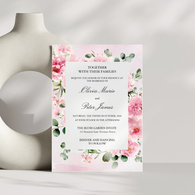 Faire-part de mariage floral rose poudré et eucaly (Créateur téléchargé)