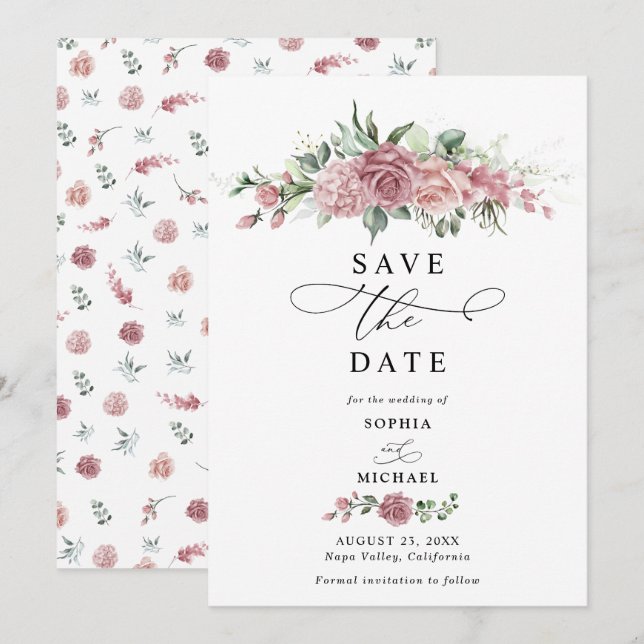 Faire-part de mariage floral rose poussiéreux pour (Devant / Derrière)