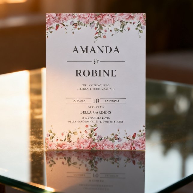 Faire-part de mariage floral rose romantique (Créateur téléchargé)