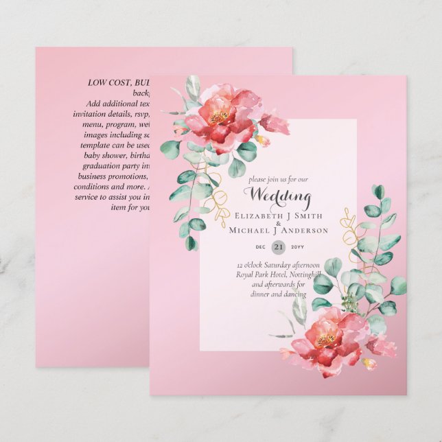 Faire-part de mariage Floral Rose rouge à faible b (Devant / Derrière)