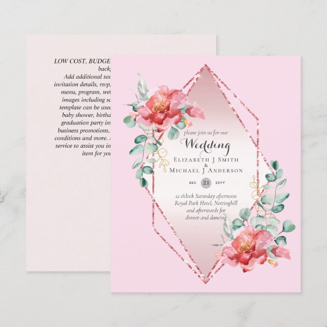 Faire-part de mariage Floral Rose rouge à faible b (Devant / Derrière)