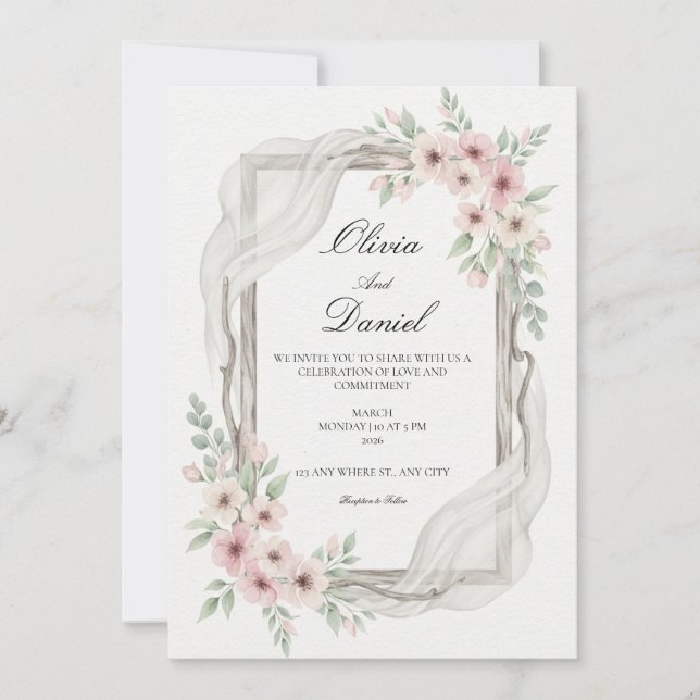 Faire-part de mariage floral rose tendre (Devant)