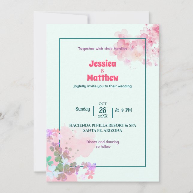 Faire-part de mariage floral rose-vert simple (Devant)