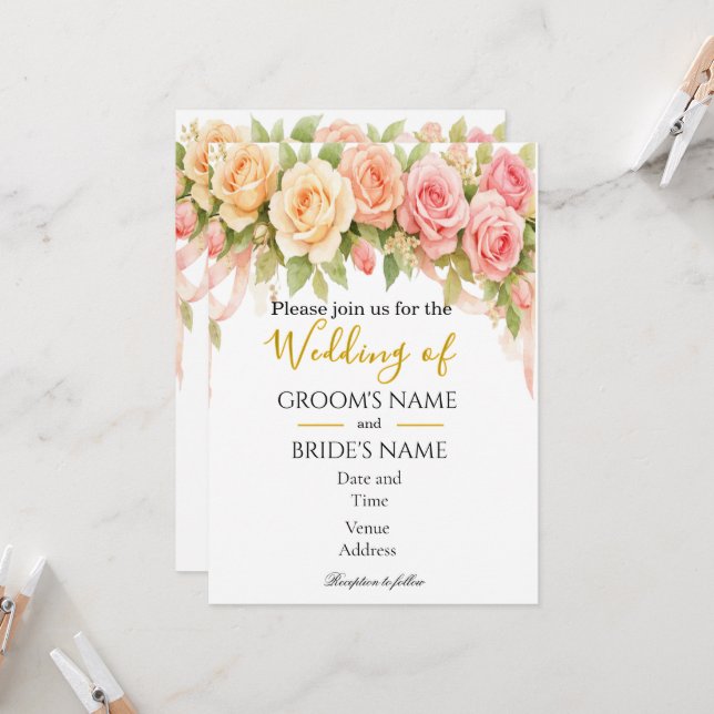 Faire-part de mariage floral rose vintage (Devant/Arrière en situation)