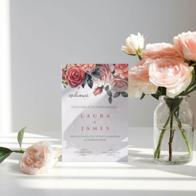 Faire-part de mariage floral Roses rouges et blush (Créateur téléchargé)