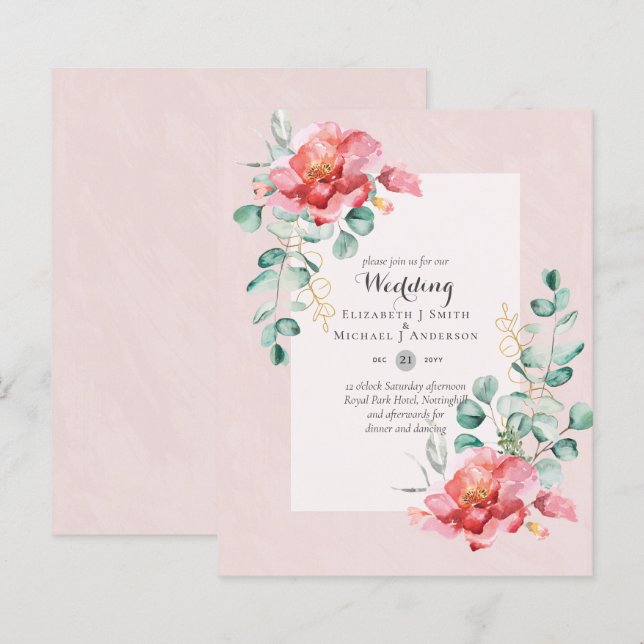 Faire-part de mariage Floral rouge à faible budget (Devant / Derrière)