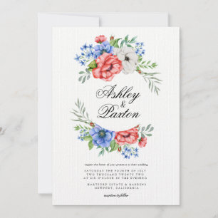 Faire-part de mariage floral rouge, blanc et bleu