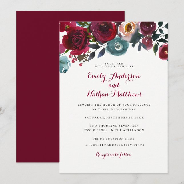 Faire-part de mariage floral rouge Bourgogne pour  (Devant / Derrière)
