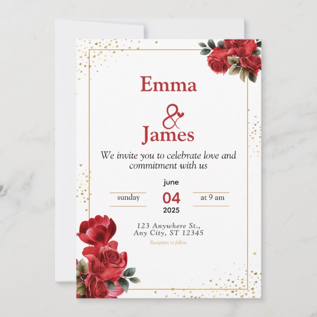 Faire-part de mariage floral rouge de luxe (Devant)