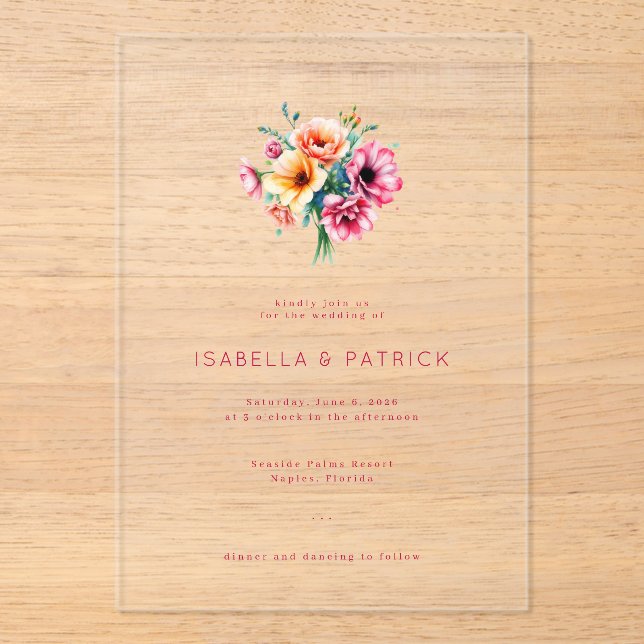 Faire-part de mariage floral rouge élégant (Recto)