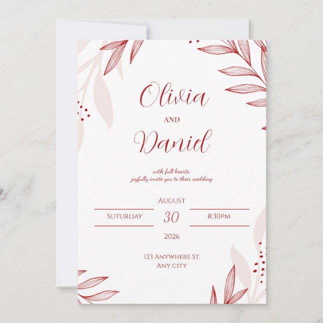 Faire-part de mariage floral rouge élégant (Devant)