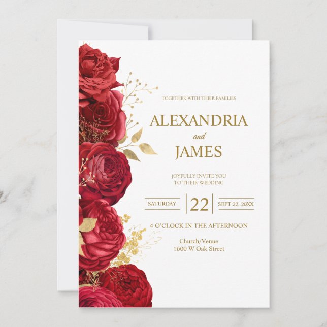 Faire-Part de Mariage Floral Rouge et Or (Devant)