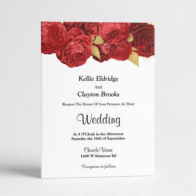 Faire-part de mariage floral rouge et or (Créateur téléchargé)