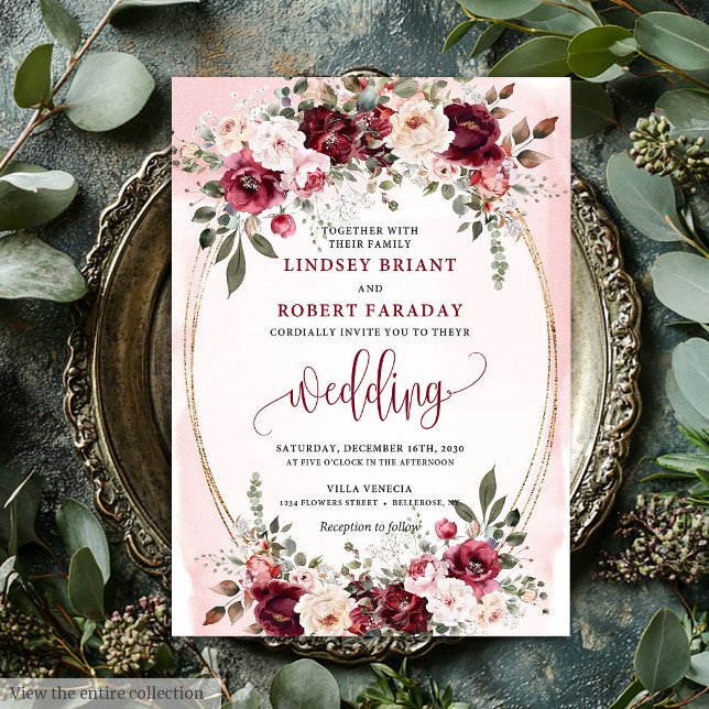 Faire-part de mariage floral rouge foncé or Boho G (Glam Boho Dark Red Gold Floral Wedding Invitation)