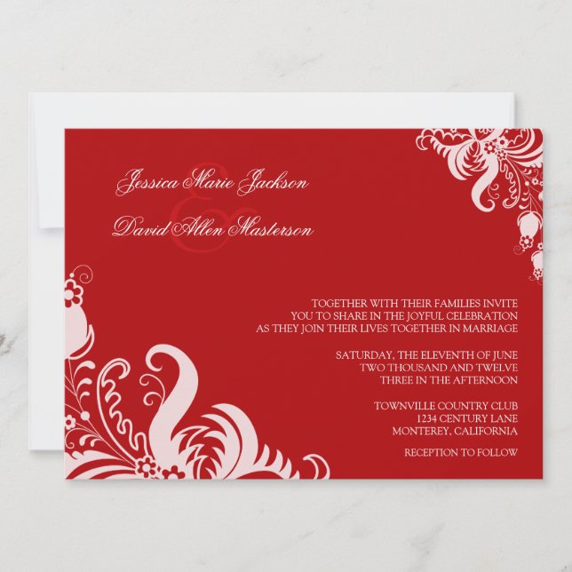 Faire-part de mariage floral rouge rouge d'accent (Devant)