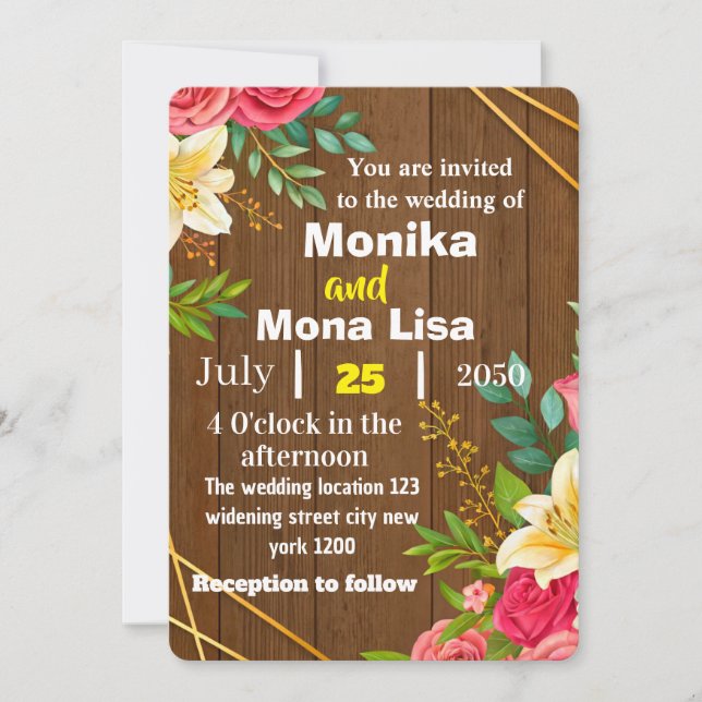 Faire-part de mariage floral rustique avec bois (Devant)