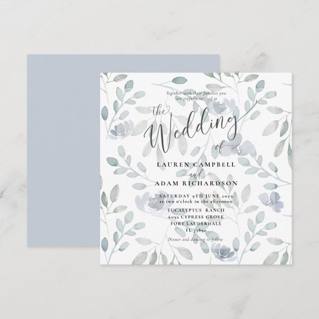 Faire-part de mariage floral rustique bleu eucalyp (Devant / Derrière)
