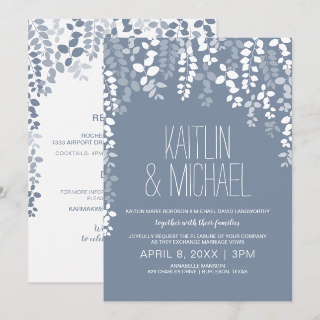Faire-part de mariage floral rustique (bleu poussi (Devant / Derrière)