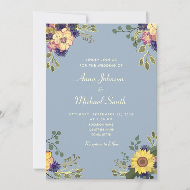 Faire-part de mariage Floral Rustique Bleu Poussié (Devant)