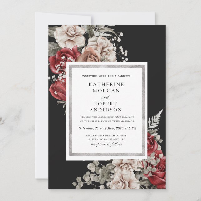 Faire-part de mariage floral rustique bordeaux arg (Devant)