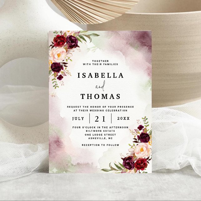 Faire-part de mariage floral rustique bordeaux blu (Créateur téléchargé)