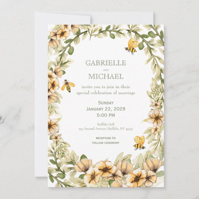 Faire-part de mariage floral rustique d'abeille (Devant)