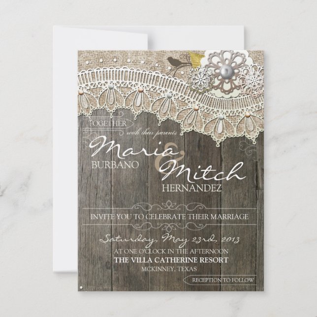 Faire-part de mariage floral rustique en bois et d (Devant)