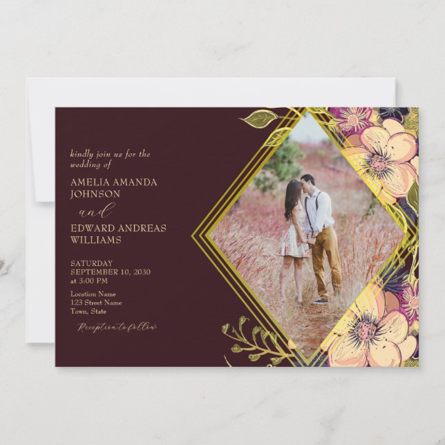 Faire-part de mariage floral rustique en bordeaux (Devant)