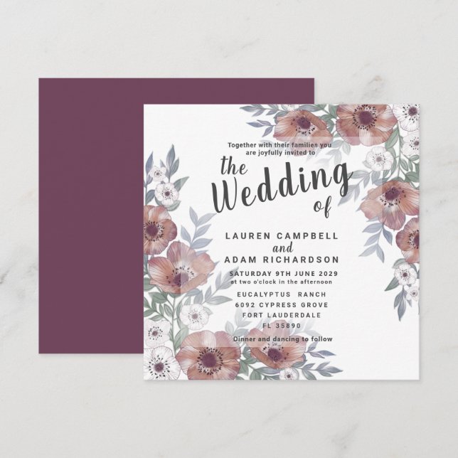 Faire-part de mariage Floral Rustique Orange Brûlé (Devant / Derrière)