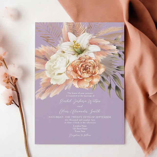 Faire-part de mariage floral rustique pêche et vio (Créateur téléchargé)