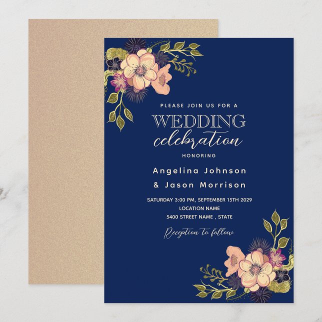 Faire-part de mariage floral rustique rose bleu ma (Devant / Derrière)
