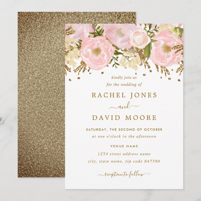 Faire-part de mariage floral rustique rose doré (Devant / Derrière)