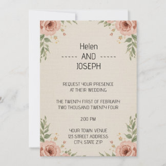 Faire-part de mariage floral rustique, rose poudré