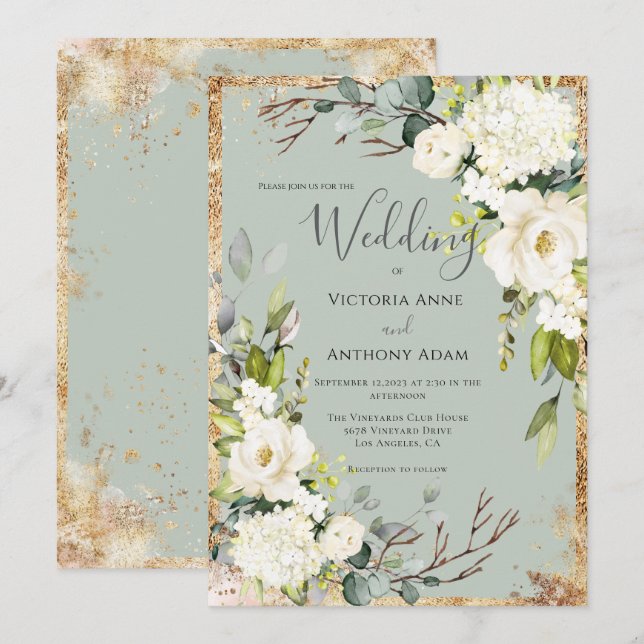 Faire-part de mariage floral rustique vert sauge e (Devant / Derrière)