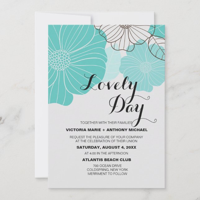 Faire-part de mariage floral sarcelle (Devant)