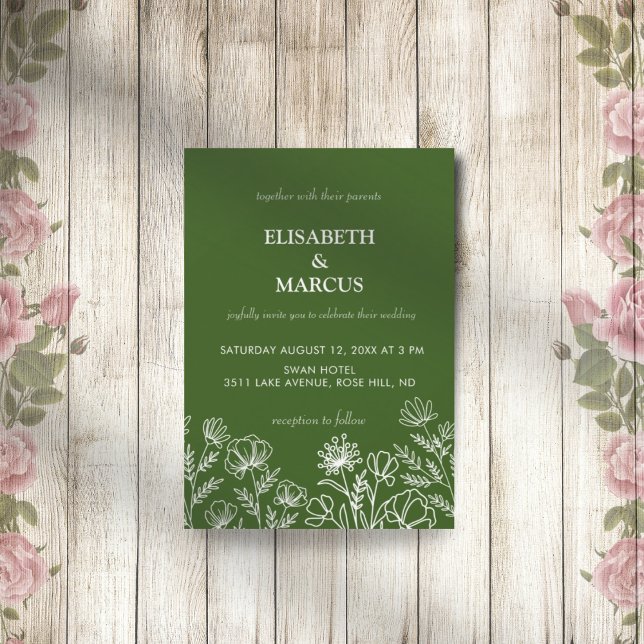Faire-part de mariage floral simple vert olive (Créateur téléchargé)