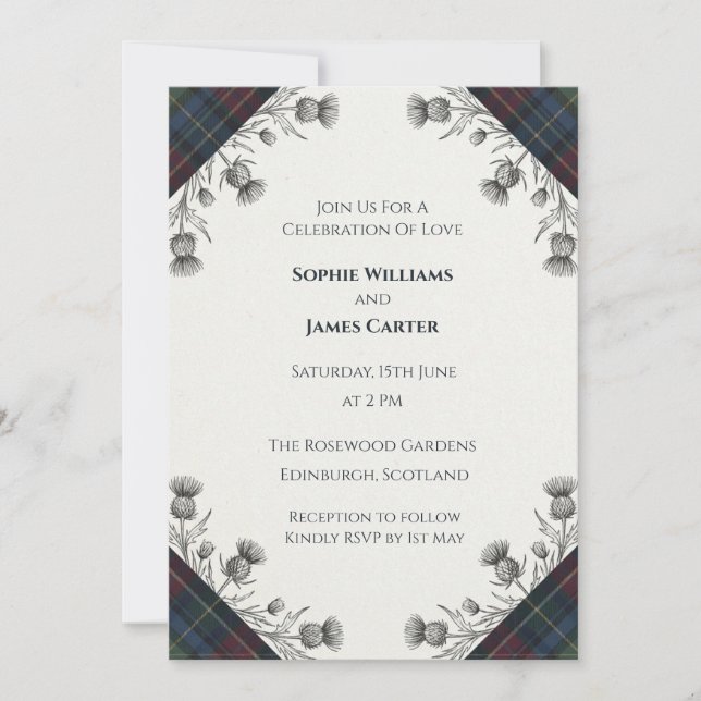 Faire-part de mariage floral tartan écossais (Devant)