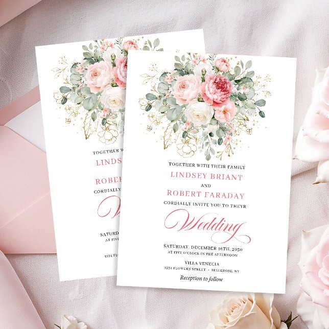 Faire-part de mariage floral tendance rose poudré  (Trendy Blush Rose Gold Floral Wedding Invitation)