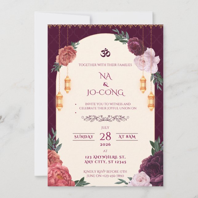 Faire-part de mariage floral TigerNa Crimson (Devant)