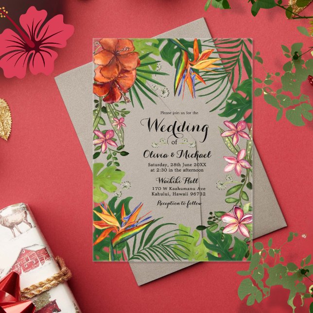 Faire-part de mariage floral tropical en acrylique (Clear Acrylic Tropical Floral Wedding Invitation)