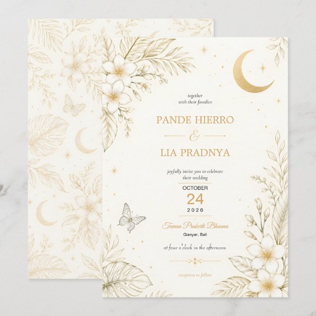 Faire-part de mariage floral tropical en or (Devant / Derrière)