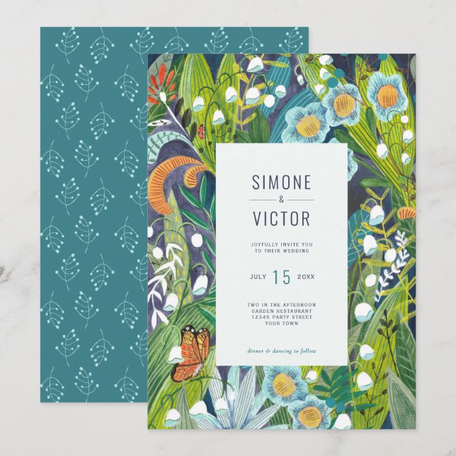 faire-part de mariage floral Turquoise bleu orange (Devant / Derrière)